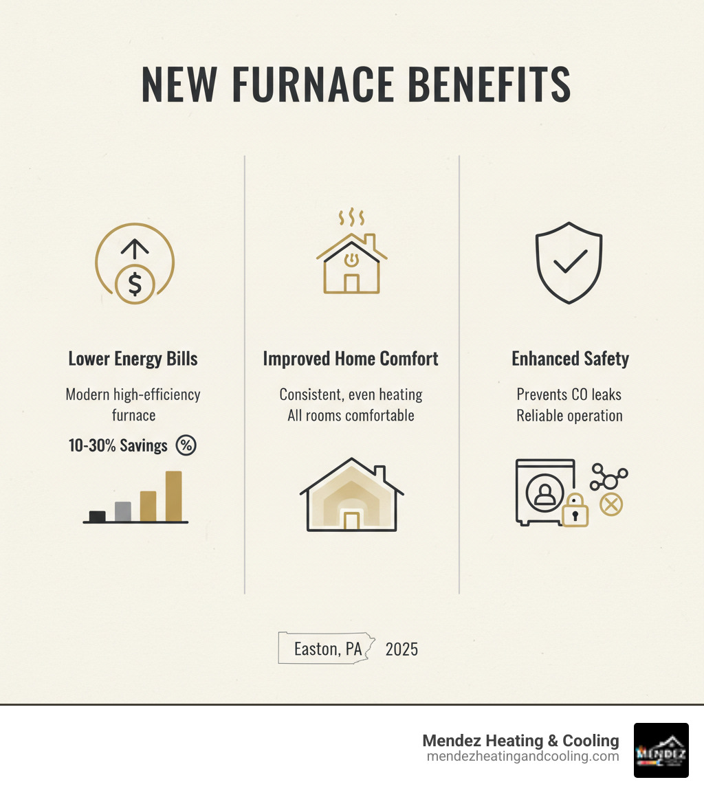 Infographic showing three key benefits of a new furnace installation: 1) Lower Energy Bills with a modern high-efficiency furnace saving 10-30% on monthly costs, 2) Improved Home Comfort with consistent, even heating throughout all rooms, and 3) Improved Safety with modern safety features preventing carbon monoxide leaks and system failures - affordable furnace installation in easton, pa infographic  Infographic showing three key benefits of a new furnace installation: 1) Lower Energy Bills with a modern high-efficiency furnace saving 10-30% on monthly costs, 2) Improved Home Comfort with consistent, even heating throughout all rooms, and 3) Improved Safety with modern safety features preventing carbon monoxide leaks and system failures - affordable furnace installation in easton, pa infographic