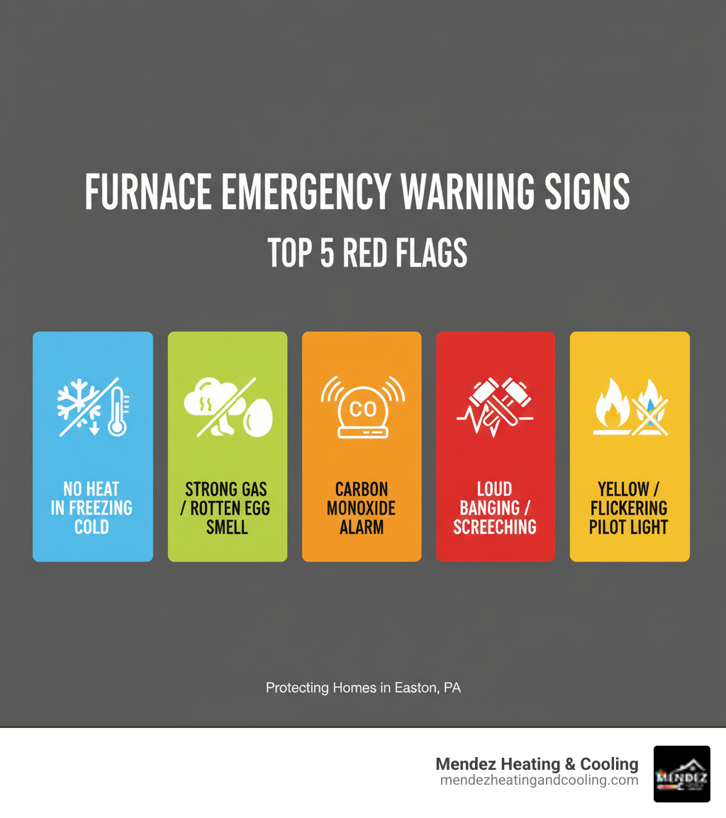 Infographic showing the top 5 furnace emergency warning signs: 1. Complete loss of heat in freezing weather, 2. Strong smell of gas or rotten eggs, 3. Carbon monoxide detector alarm, 4. Loud banging or screeching noises, 5. Yellow or flickering pilot light instead of steady blue flame - 24 hour furnace service in easton, pa infographic  Infographic showing the top 5 furnace emergency warning signs: 1. Complete loss of heat in freezing weather, 2. Strong smell of gas or rotten eggs, 3. Carbon monoxide detector alarm, 4. Loud banging or screeching noises, 5. Yellow or flickering pilot light instead of steady blue flame - 24 hour furnace service in easton, pa infographic