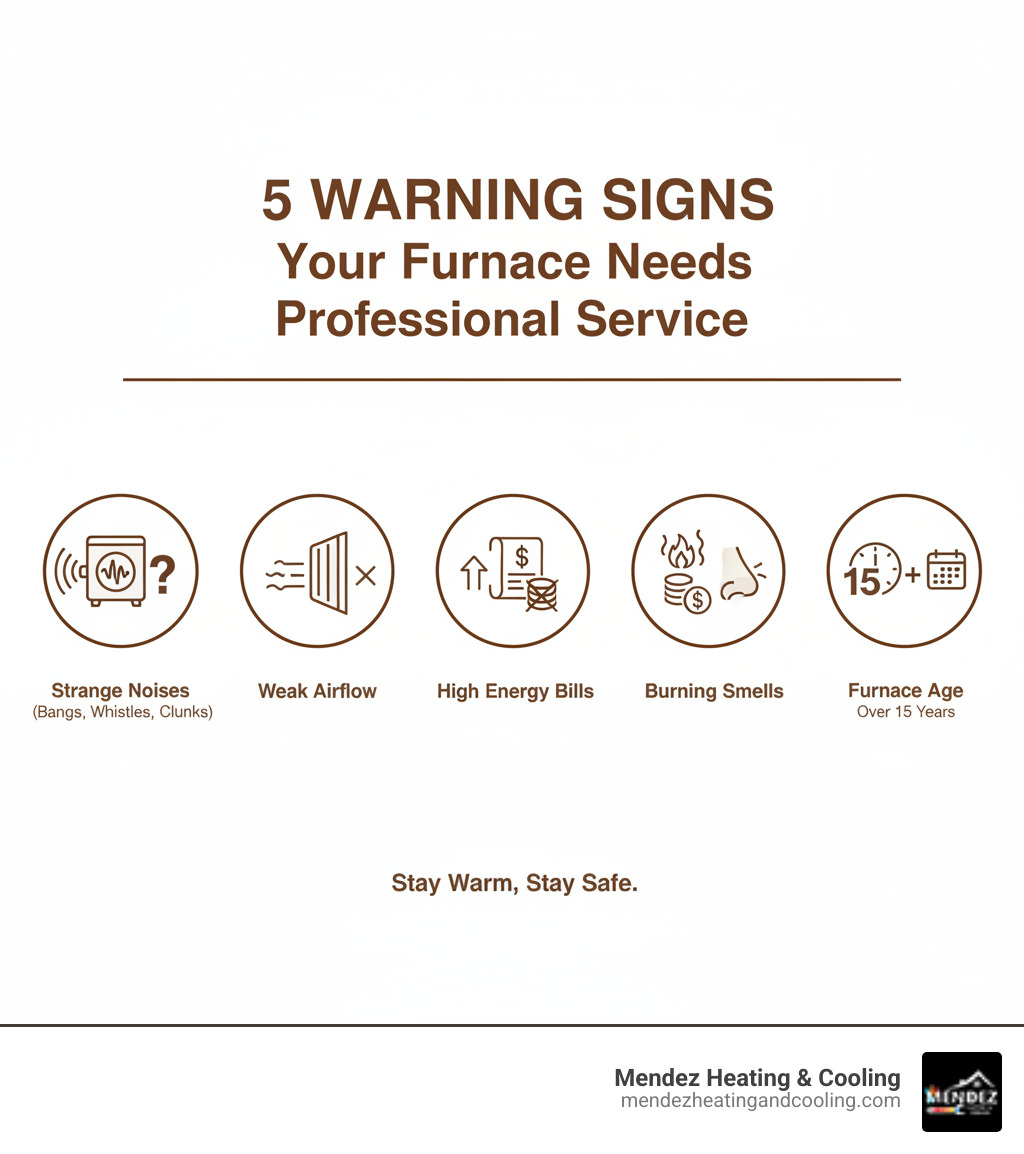 infographic showing five warning signs your furnace needs professional service including strange noises, weak airflow, high energy bills, burning smells, and furnace age over 15 years - local furnace company in easton, pa infographic  infographic showing five warning signs your furnace needs professional service including strange noises, weak airflow, high energy bills, burning smells, and furnace age over 15 years - local furnace company in easton, pa infographic