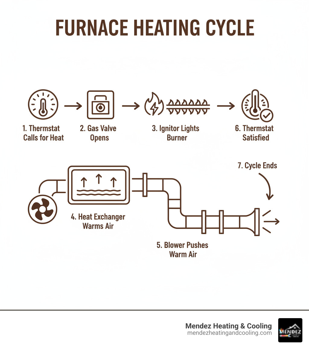 Infographic showing the basic furnace heating cycle: thermostat calls for heat, gas valve opens, ignitor lights burner, heat exchanger warms air, blower pushes warm air through ducts to vents, thermostat satisfied and cycle ends - furnace blowing cold air in easton, pa infographic  Infographic showing the basic furnace heating cycle: thermostat calls for heat, gas valve opens, ignitor lights burner, heat exchanger warms air, blower pushes warm air through ducts to vents, thermostat satisfied and cycle ends - furnace blowing cold air in easton, pa infographic