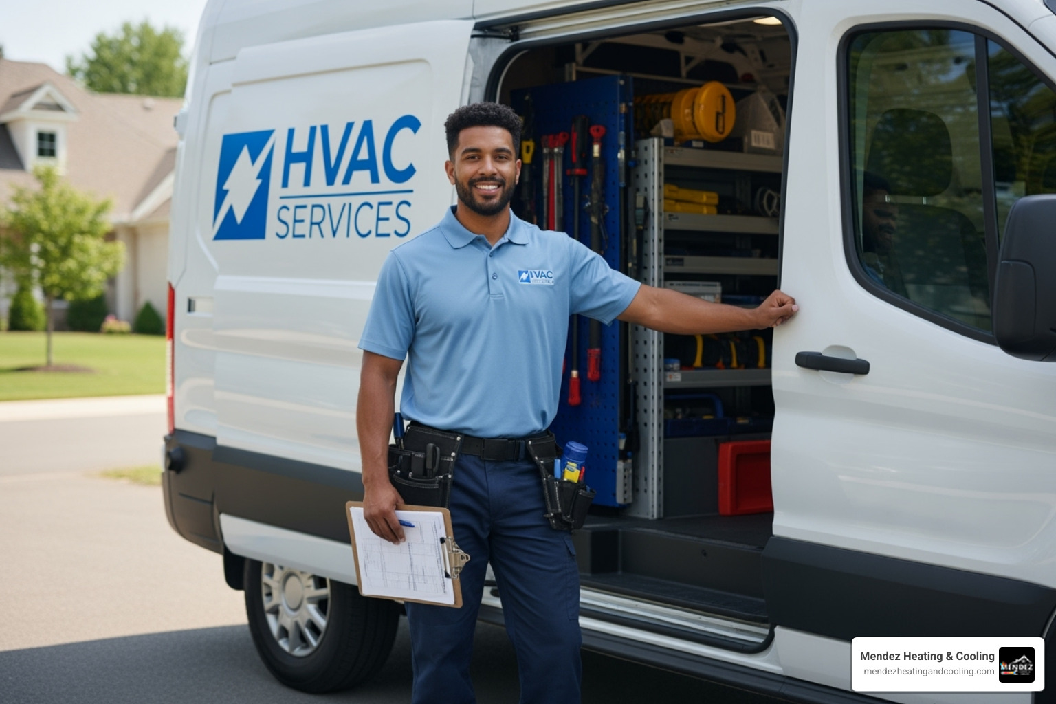 A friendly, certified HVAC technician in a uniform standing next to a service van, holding a clipboard and smiling, representing professionalism and reliability - furnace repair service in easton, pa A friendly, certified HVAC technician in a uniform standing next to a service van, holding a clipboard and smiling, representing professionalism and reliability - furnace repair service in easton, pa