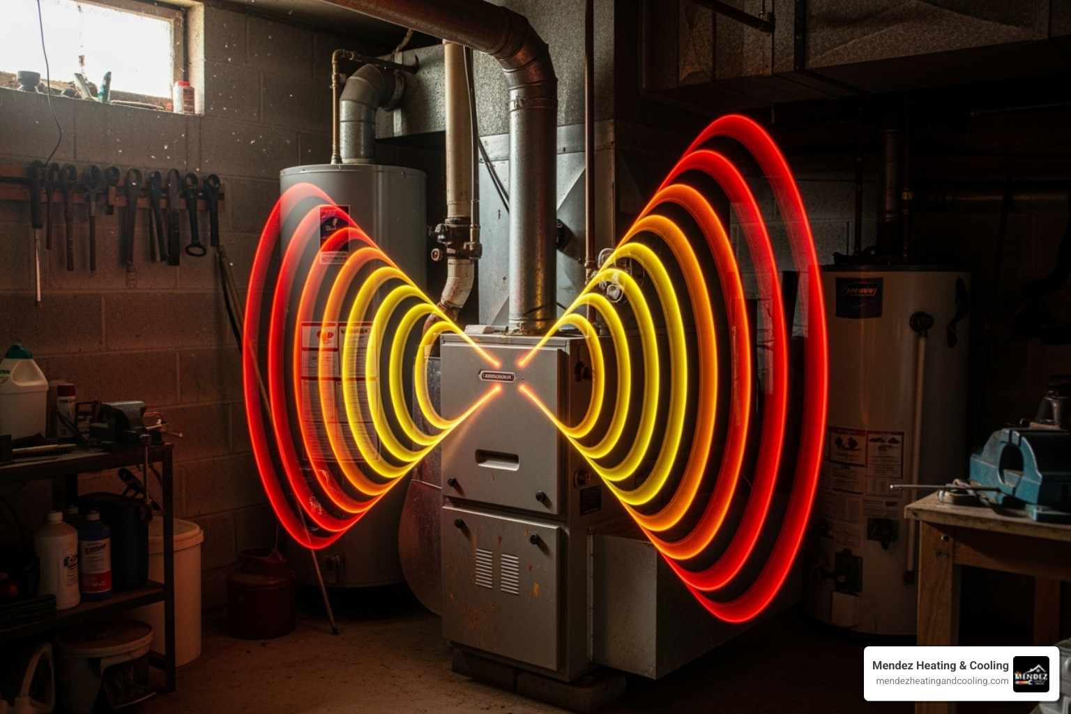 A furnace emitting visual sound waves, indicating it is making loud and unusual noises that require attention - furnace repair service in easton, pa A furnace emitting visual sound waves, indicating it is making loud and unusual noises that require attention - furnace repair service in easton, pa