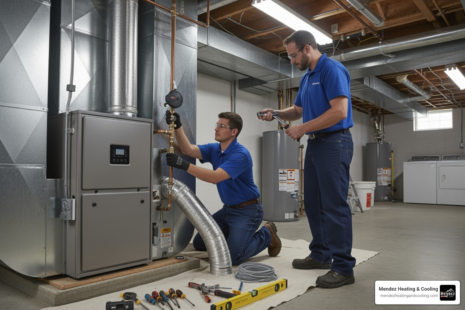 A new high-efficiency furnace being carefully maneuvered into place during an installation, highlighting modern heating solutions - furnace repair service in easton, pa A new high-efficiency furnace being carefully maneuvered into place during an installation, highlighting modern heating solutions - furnace repair service in easton, pa