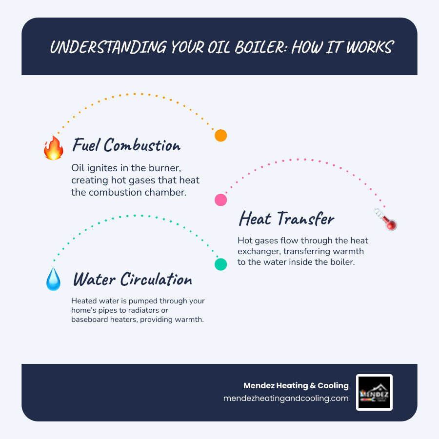 infographic showing oil boiler heating system components including burner, heat exchanger, circulator pump, expansion tank, and thermostat with labels explaining how heated water flows through pipes to radiators or baseboard heaters throughout the home - oil boiler repair reading pa infographic infographic-line-3-steps-blues-accent_colors infographic showing oil boiler heating system components including burner, heat exchanger, circulator pump, expansion tank, and thermostat with labels explaining how heated water flows through pipes to radiators or baseboard heaters throughout the home - oil boiler repair reading pa infographic infographic-line-3-steps-blues-accent_colors