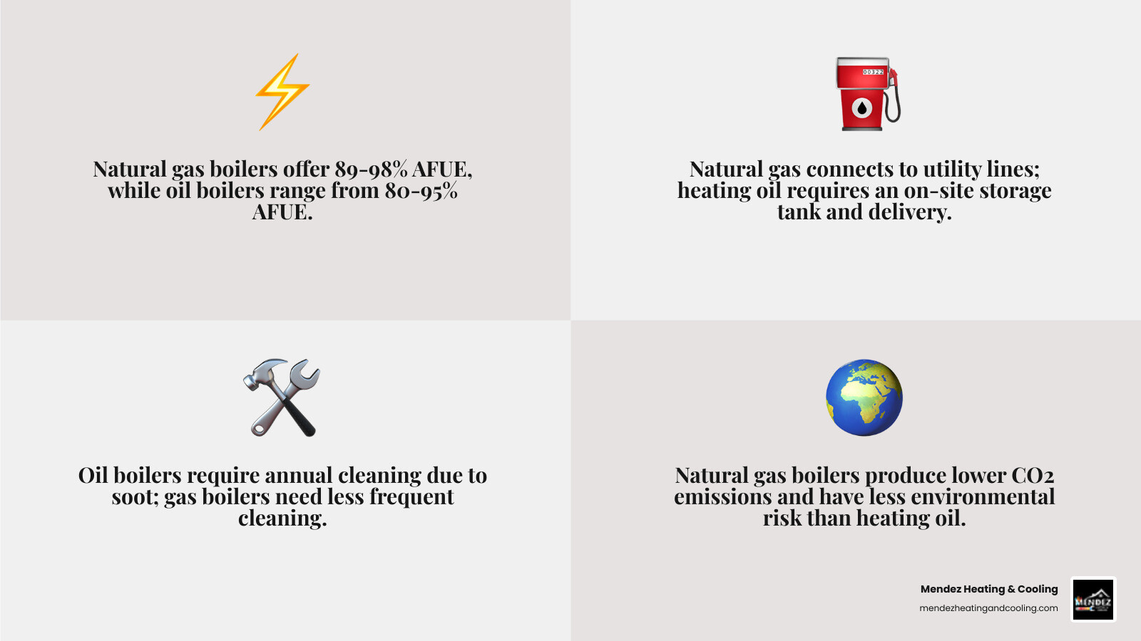 infographic comparing natural gas boilers and oil boilers showing fuel source, efficiency ratings, maintenance requirements, environmental impact, installation needs, and typical lifespan for homeowners in Easton PA - gas vs oil boiler easton pa infographic 4_facts_emoji_grey infographic comparing natural gas boilers and oil boilers showing fuel source, efficiency ratings, maintenance requirements, environmental impact, installation needs, and typical lifespan for homeowners in Easton PA - gas vs oil boiler easton pa infographic 4_facts_emoji_grey