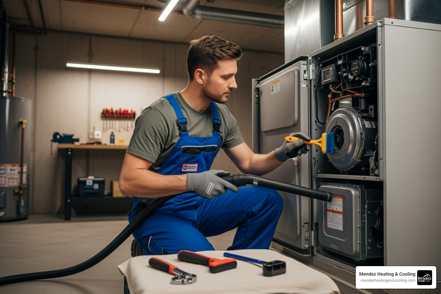 technician cleaning a gas furnace component during a maintenance check - gas furnace repair easton pa