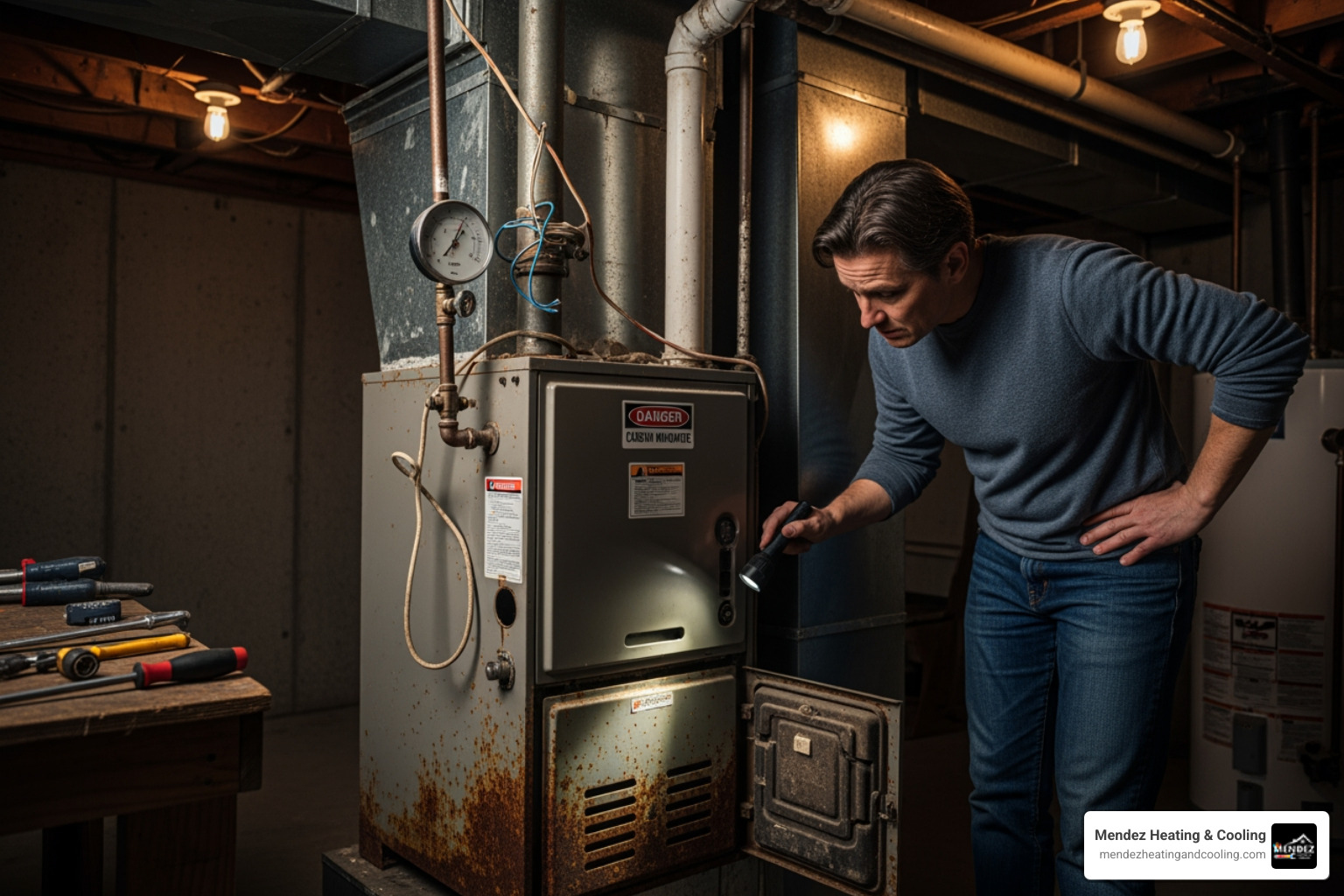 a homeowner looking at an old, dusty furnace in a basement - gas furnace replacement bethlehem pa a homeowner looking at an old, dusty furnace in a basement - gas furnace replacement bethlehem pa