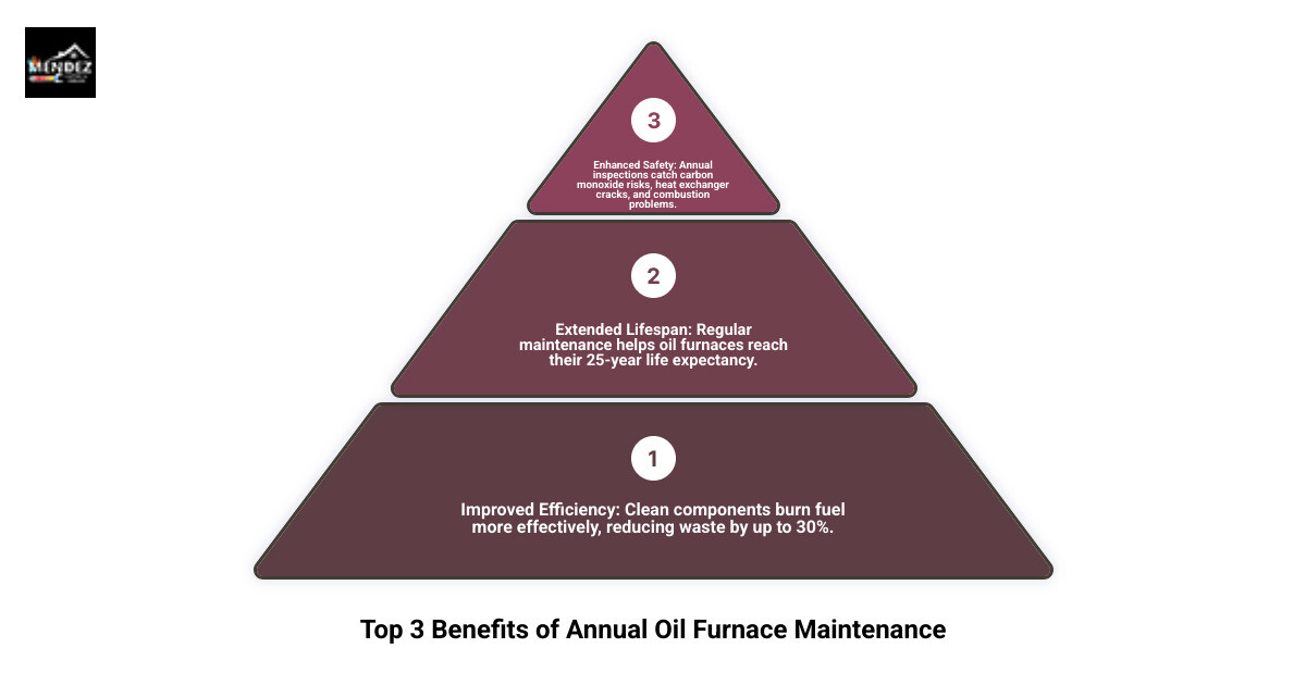 Infographic showing three main benefits of annual oil furnace maintenance: 1) Improved Efficiency - clean components burn fuel more effectively reducing waste by up to 30 percent, 2) Extended Lifespan - regular maintenance helps oil furnaces reach their 25-year life expectancy, 3) Enhanced Safety - annual inspections catch carbon monoxide risks heat exchanger cracks and combustion problems before they become dangerous - oil furnace maintenance reading pa infographic 3_stage_pyramid Infographic showing three main benefits of annual oil furnace maintenance: 1) Improved Efficiency - clean components burn fuel more effectively reducing waste by up to 30 percent, 2) Extended Lifespan - regular maintenance helps oil furnaces reach their 25-year life expectancy, 3) Enhanced Safety - annual inspections catch carbon monoxide risks heat exchanger cracks and combustion problems before they become dangerous - oil furnace maintenance reading pa infographic 3_stage_pyramid