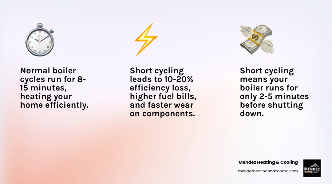 infographic comparing normal heating cycle of 10-15 minutes with short cycling of 2-5 minutes, showing increased fuel consumption and component wear with short cycling - oil boiler short cycling bethlehem pa infographic 3_facts_emoji_light-gradient