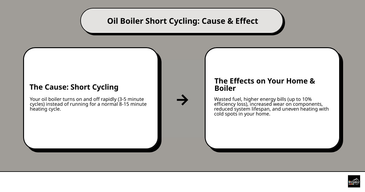 Infographic showing normal oil boiler cycle lasting 8-15 minutes versus short cycling with 3-5 minute cycles, illustrating wasted fuel, increased wear on components, uneven home heating, and higher energy bills - oil boiler short cycling Bethlehem PA infographic cause_effect_text