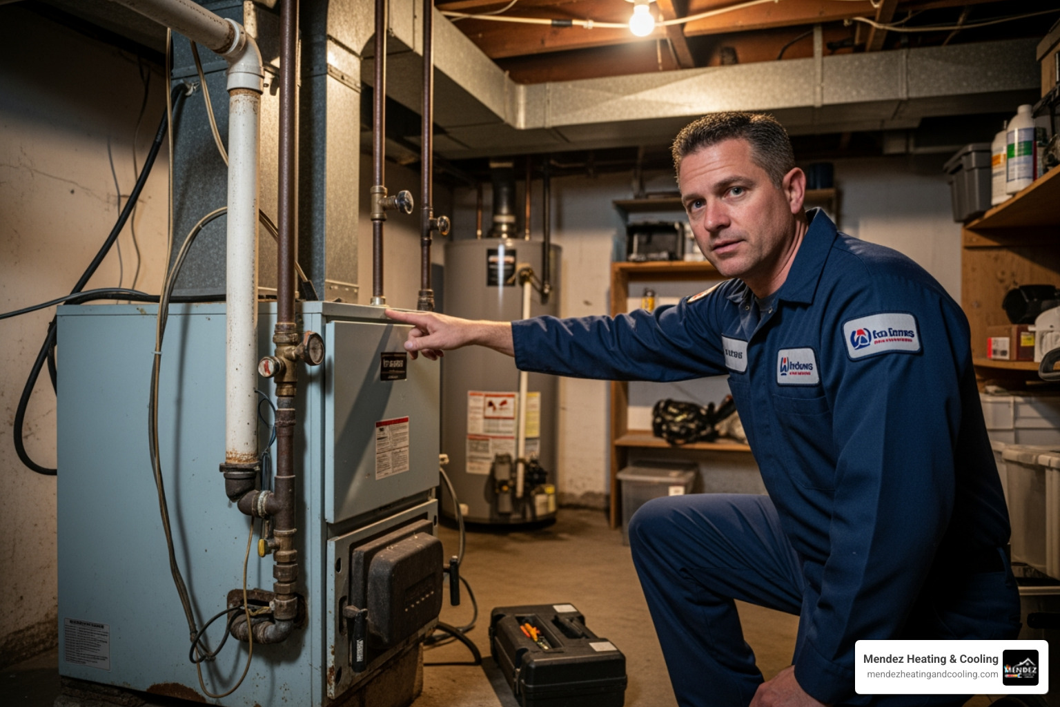 technician pointing out problem on old boiler - gas boiler maintenance reading pa