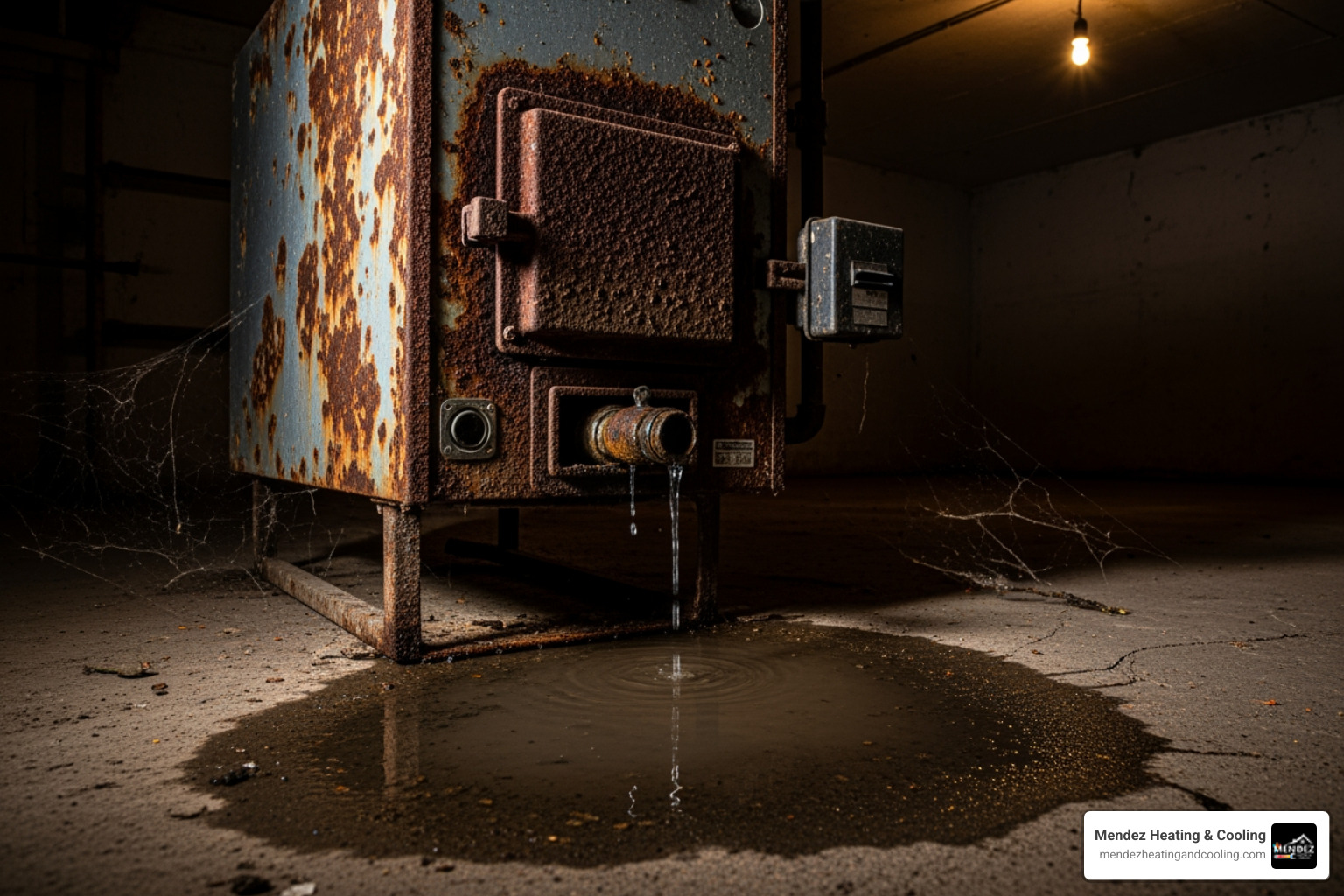 old, rusty boiler with a small puddle underneath - gas boiler replacement Allentown PA