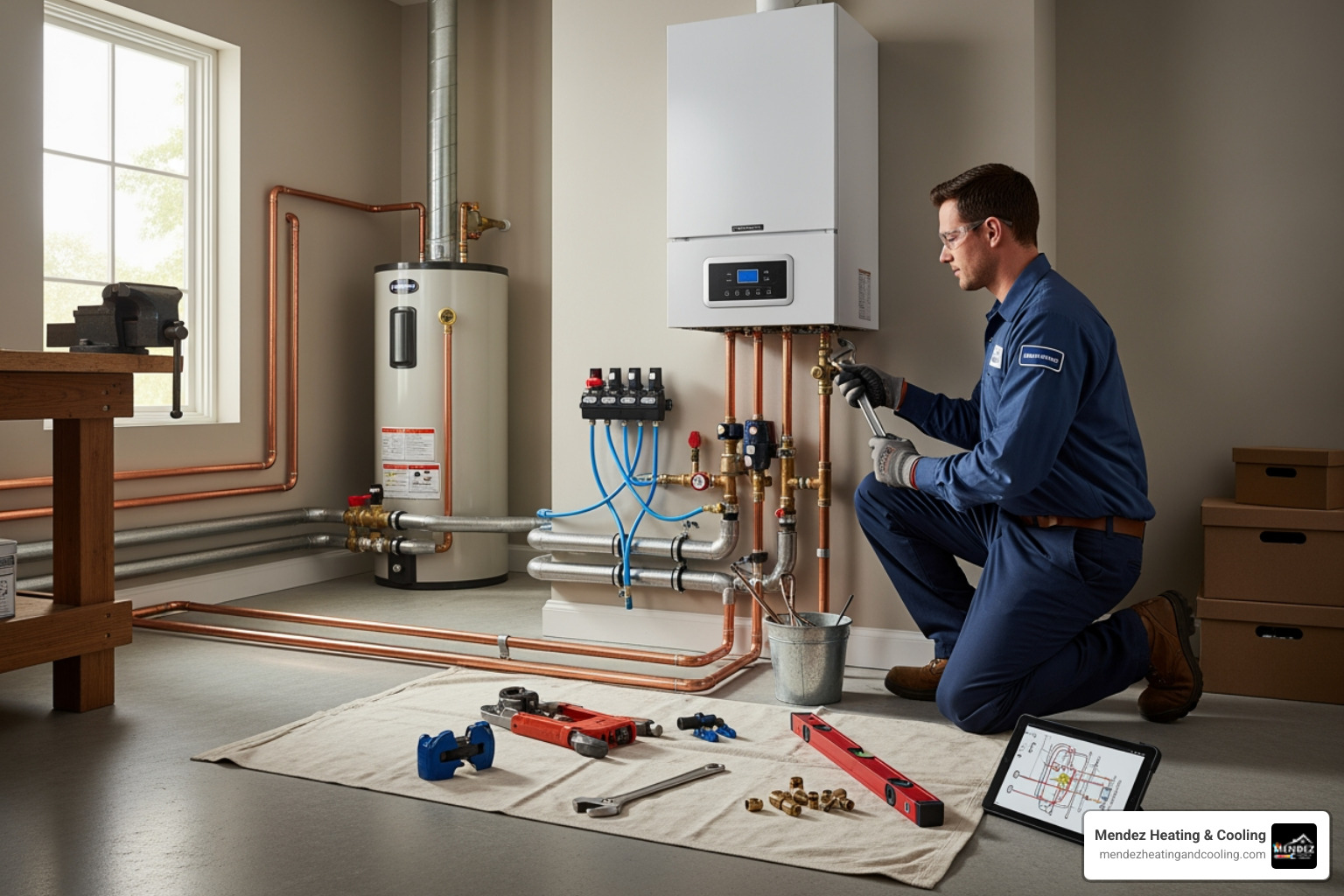 technician professionally installing a new boiler - gas boiler replacement Allentown PA