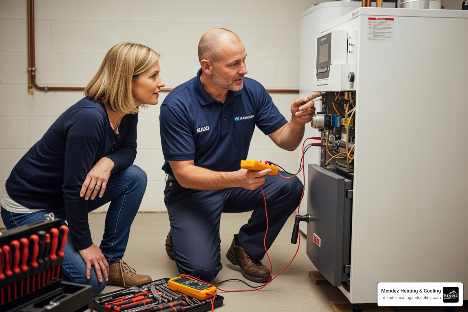 Technician inspecting a boiler with a homeowner - oil boiler winterization reading pa Technician inspecting a boiler with a homeowner - oil boiler winterization reading pa