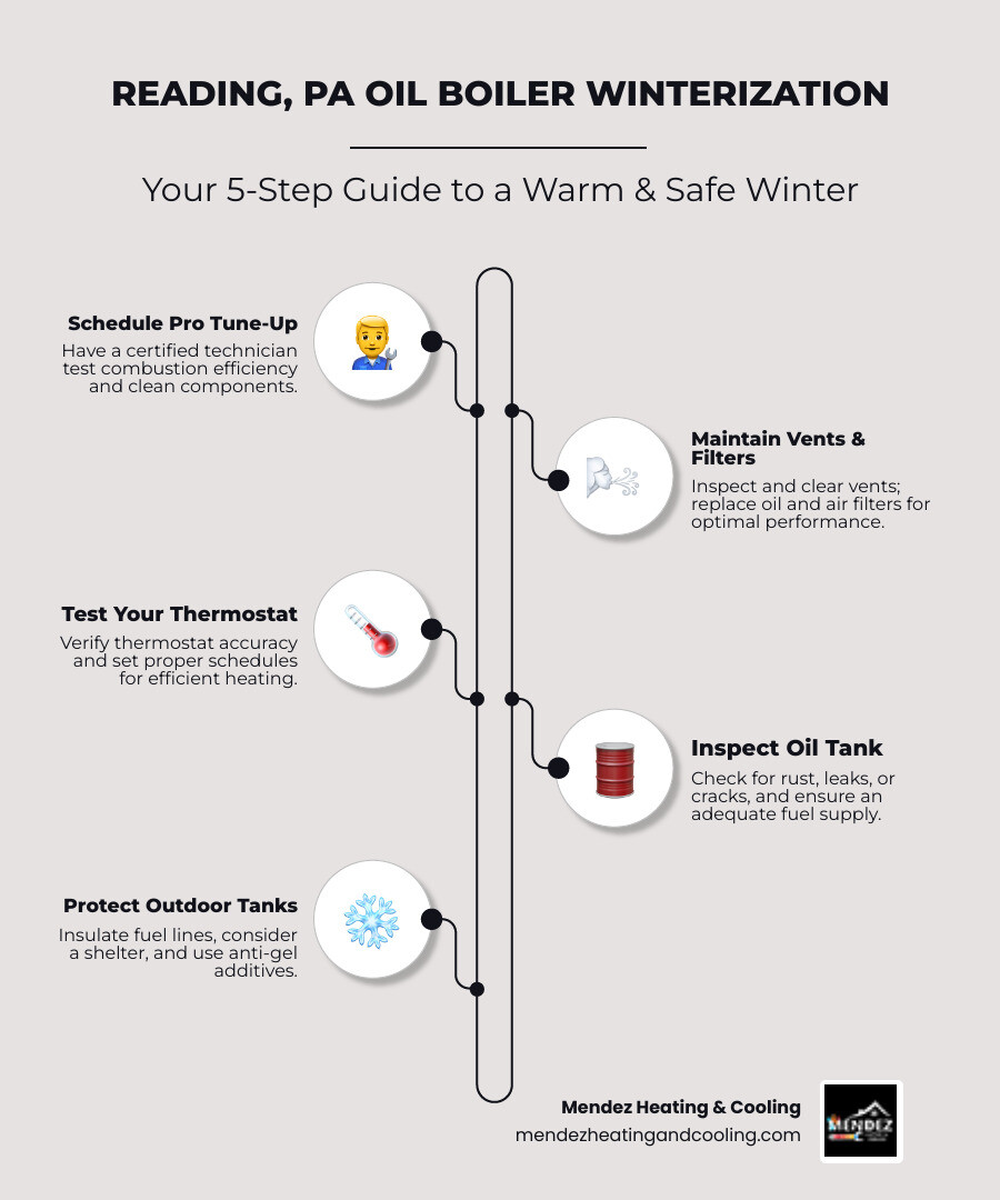 Infographic showing the step-by-step oil boiler winterization process for Reading PA homeowners, including professional tune-up schedule, filter replacement timeline, tank inspection checklist, thermostat testing steps, vent clearing procedures, and fuel supply management tips with icons for each major task - oil boiler winterization reading pa infographic infographic-line-5-steps-elegant_beige Infographic showing the step-by-step oil boiler winterization process for Reading PA homeowners, including professional tune-up schedule, filter replacement timeline, tank inspection checklist, thermostat testing steps, vent clearing procedures, and fuel supply management tips with icons for each major task - oil boiler winterization reading pa infographic infographic-line-5-steps-elegant_beige