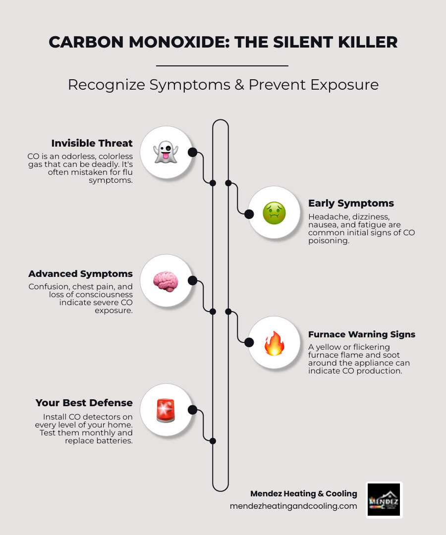 Infographic showing carbon monoxide poisoning symptoms including headache, dizziness, nausea, confusion, chest pain, and flu-like symptoms, with visual indicators of a yellow flame warning sign and placement guide for CO detectors on each home level - gas furnace safety allentown pa infographic infographic-line-5-steps-elegant_beige Infographic showing carbon monoxide poisoning symptoms including headache, dizziness, nausea, confusion, chest pain, and flu-like symptoms, with visual indicators of a yellow flame warning sign and placement guide for CO detectors on each home level - gas furnace safety allentown pa infographic infographic-line-5-steps-elegant_beige