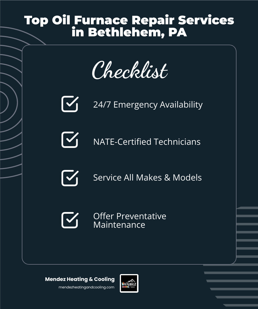 infographic showing oil furnace components including burner assembly, heat exchanger, blower motor, oil supply line, filter, thermostat connection, and flue pipe with labels indicating common failure points and maintenance areas - oil furnace repair Bethlehem PA infographic checklist-dark-blue infographic showing oil furnace components including burner assembly, heat exchanger, blower motor, oil supply line, filter, thermostat connection, and flue pipe with labels indicating common failure points and maintenance areas - oil furnace repair Bethlehem PA infographic checklist-dark-blue