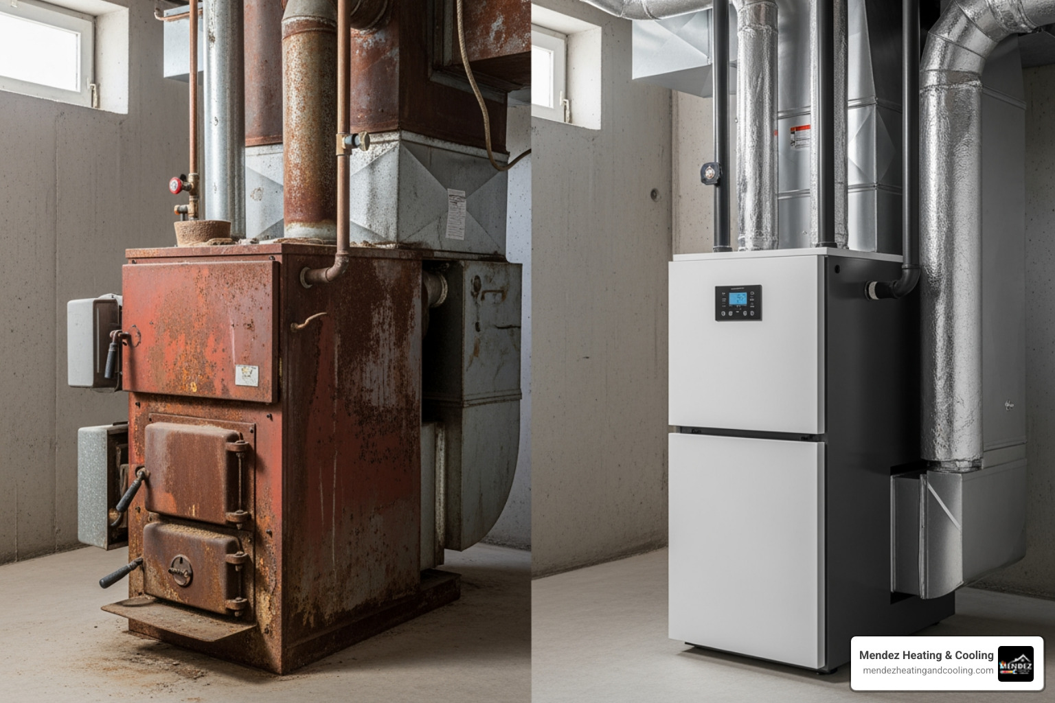 rusty old furnace with a modern, sleek high-efficiency unit - oil furnace repair Bethlehem PA rusty old furnace with a modern, sleek high-efficiency unit - oil furnace repair Bethlehem PA