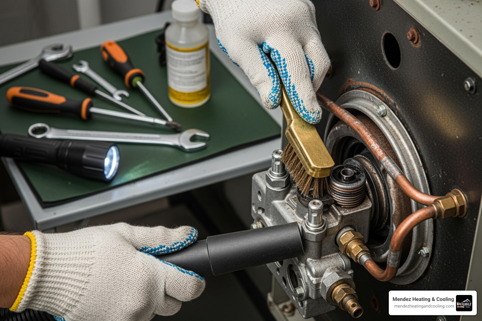 technician cleaning an oil furnace burner assembly - oil furnace repair Bethlehem PA technician cleaning an oil furnace burner assembly - oil furnace repair Bethlehem PA