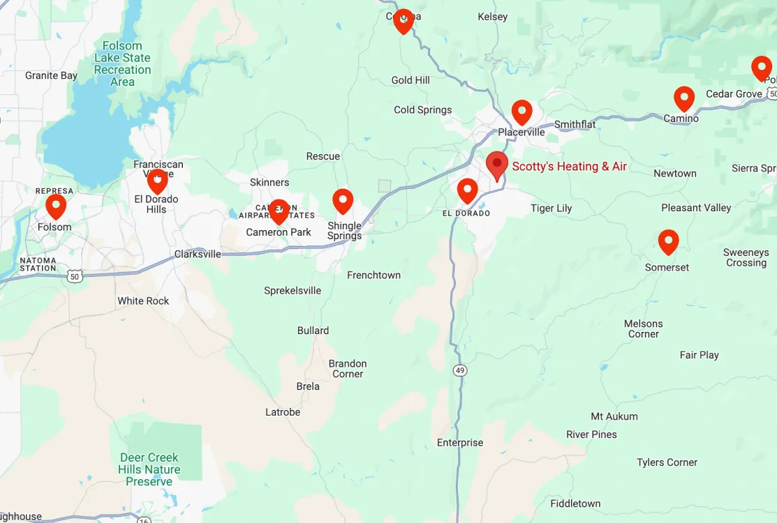 Map of El Dorado County showing multiple business locations near Placerville