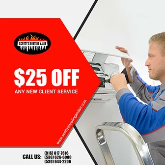 Technician installing or repairing equipment with $25 off service discount