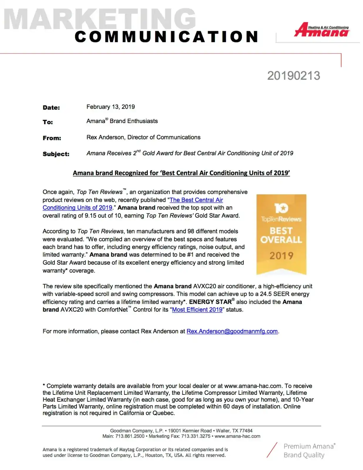 Amana Receives 2nd Gold Award for Best Central Air Conditioning Unit of 2019
