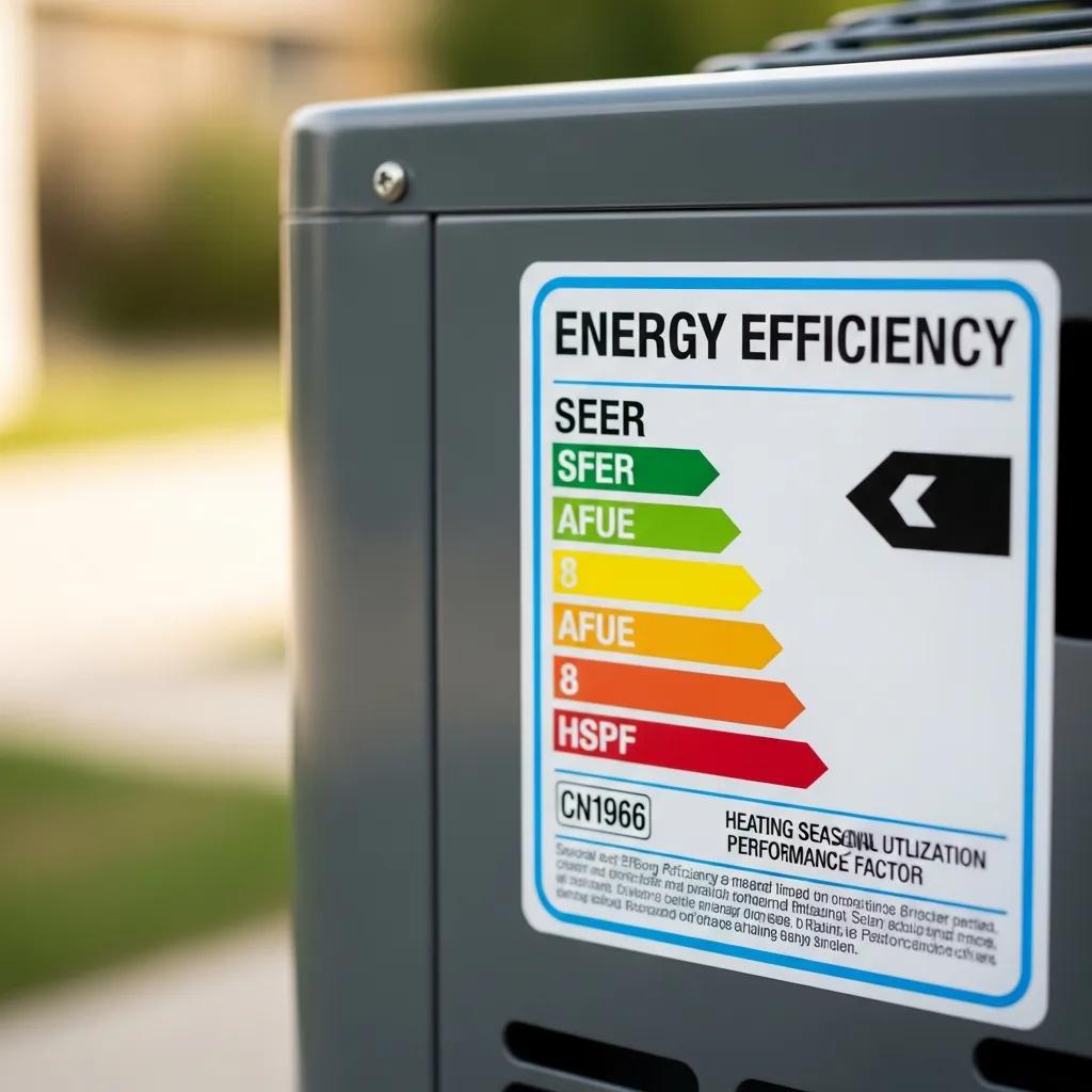 Close-up of HVAC energy efficiency label showing SEER and AFUE ratings