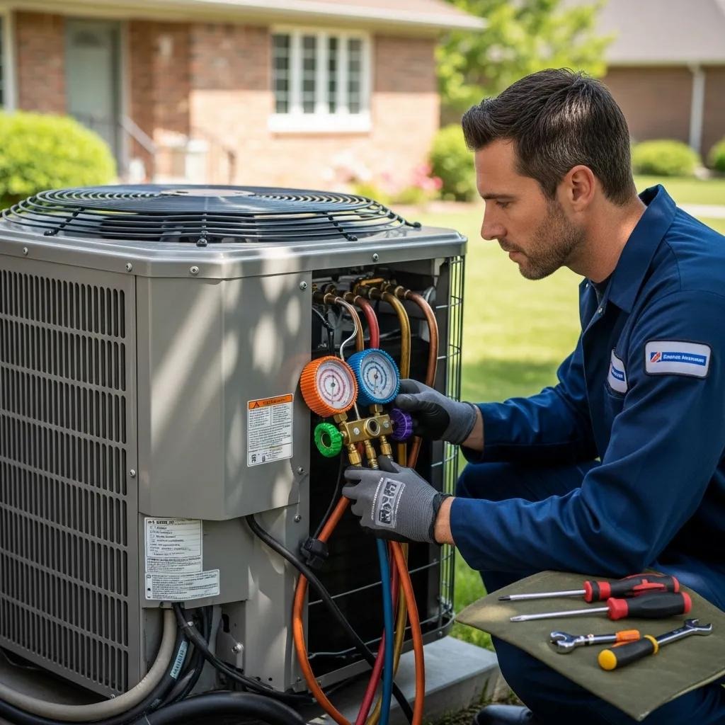 HVAC technician inspecting an air conditioning unit and checking refrigerant levels