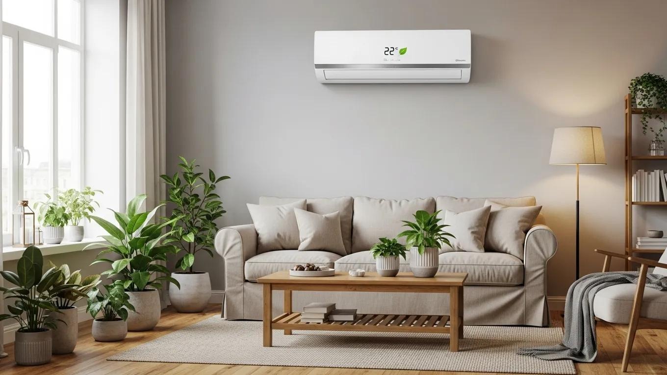 Energy-efficient air conditioning unit in a cozy living room with natural light and plants
