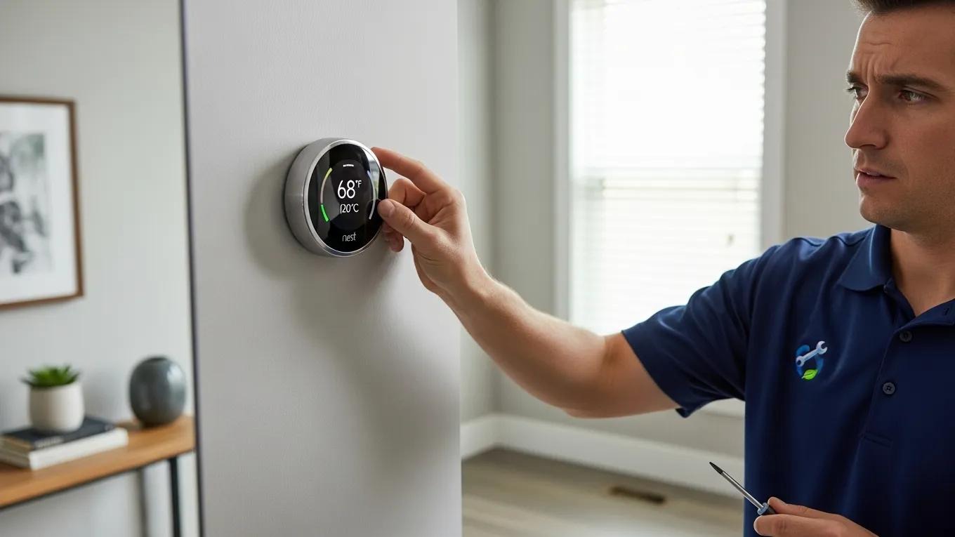 Technician installing a smart thermostat in a modern home interior