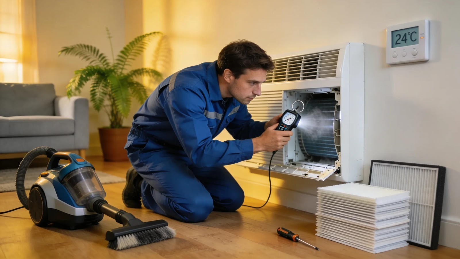 Homeowner checking air conditioning vent for proper airflow, showcasing maintenance tips