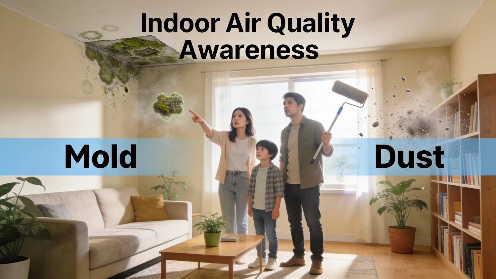 Family examining indoor pollutants like mold and dust in their home environment