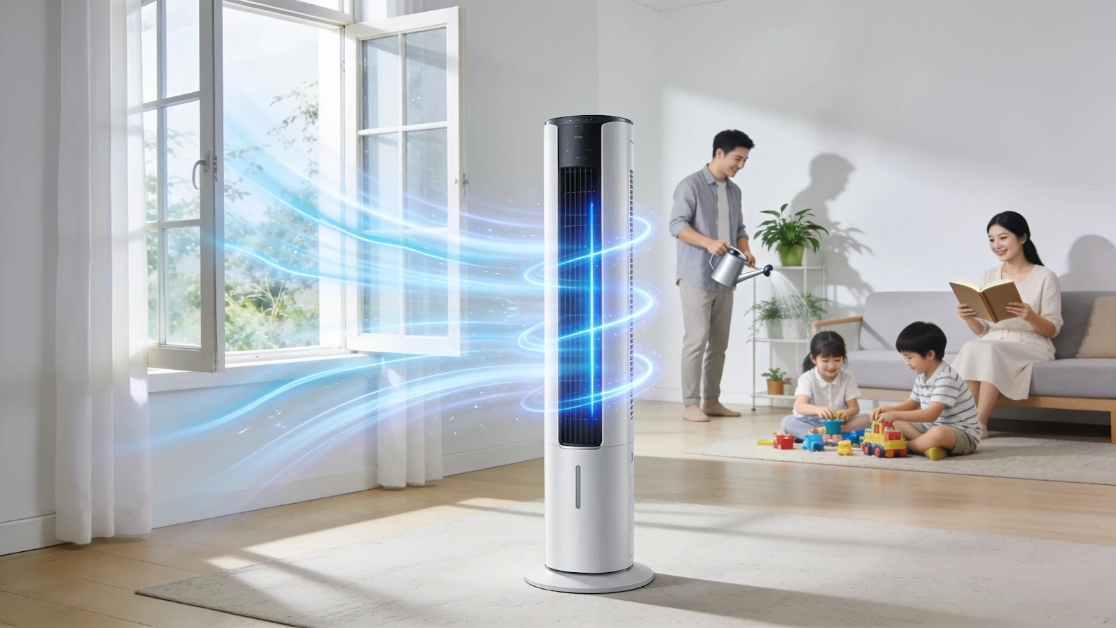 Modern air purifier enhancing indoor air quality in a bright living space