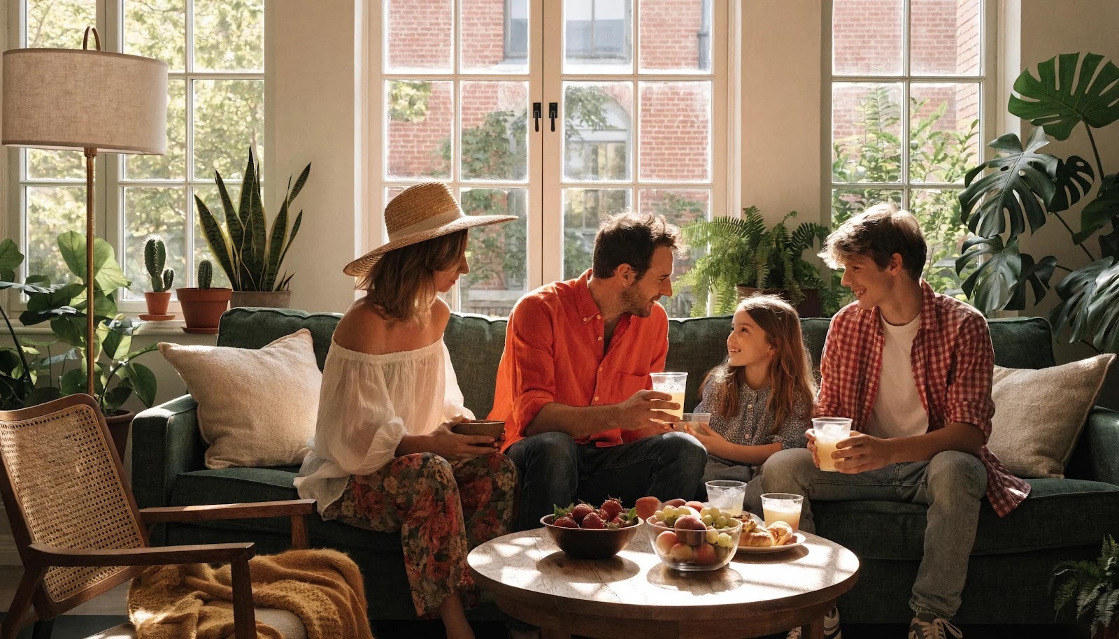 Family enjoying a healthy indoor environment in a cozy living room with plants