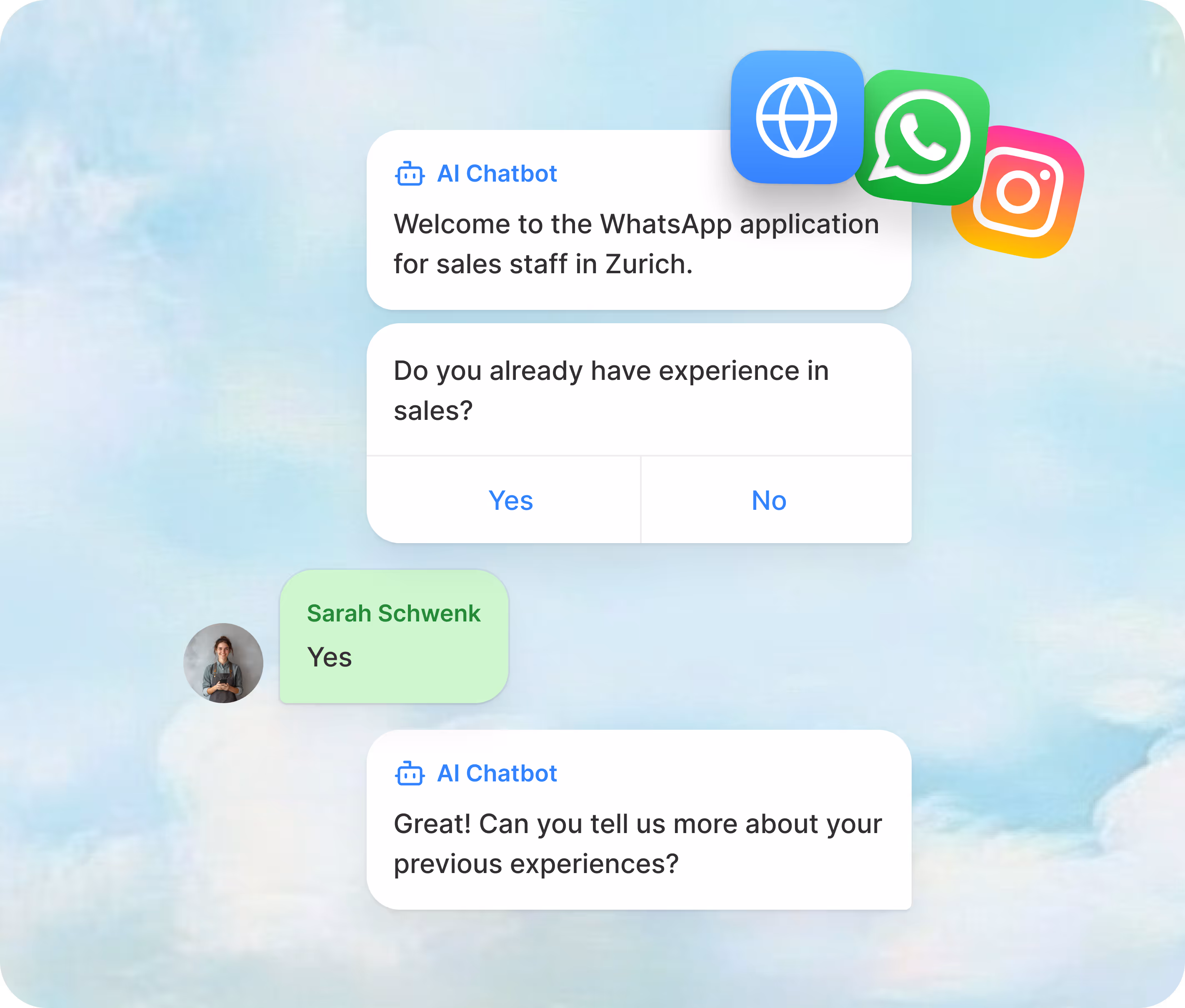 An intelligent application (WhatsApp, Instagram and web application)
The chatbot asks whether the applicant already has experience in sales