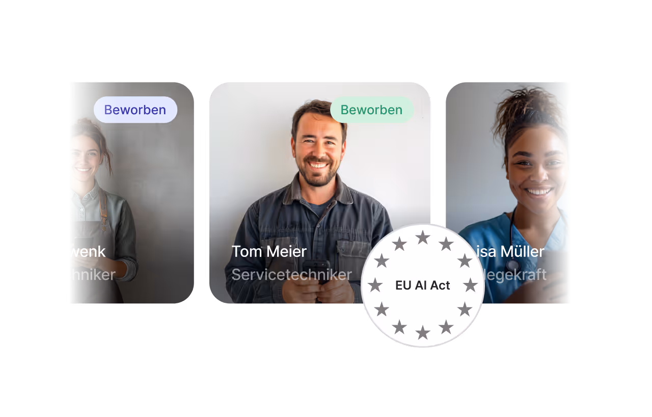 Drei lächelnde Menschen mit Berufen Servicetechniker und Pflegekraft, jeweils mit dem Status 'Beworben' gekennzeichnet, daneben ein EU AI Act Symbol mit Sternen im Kreis.