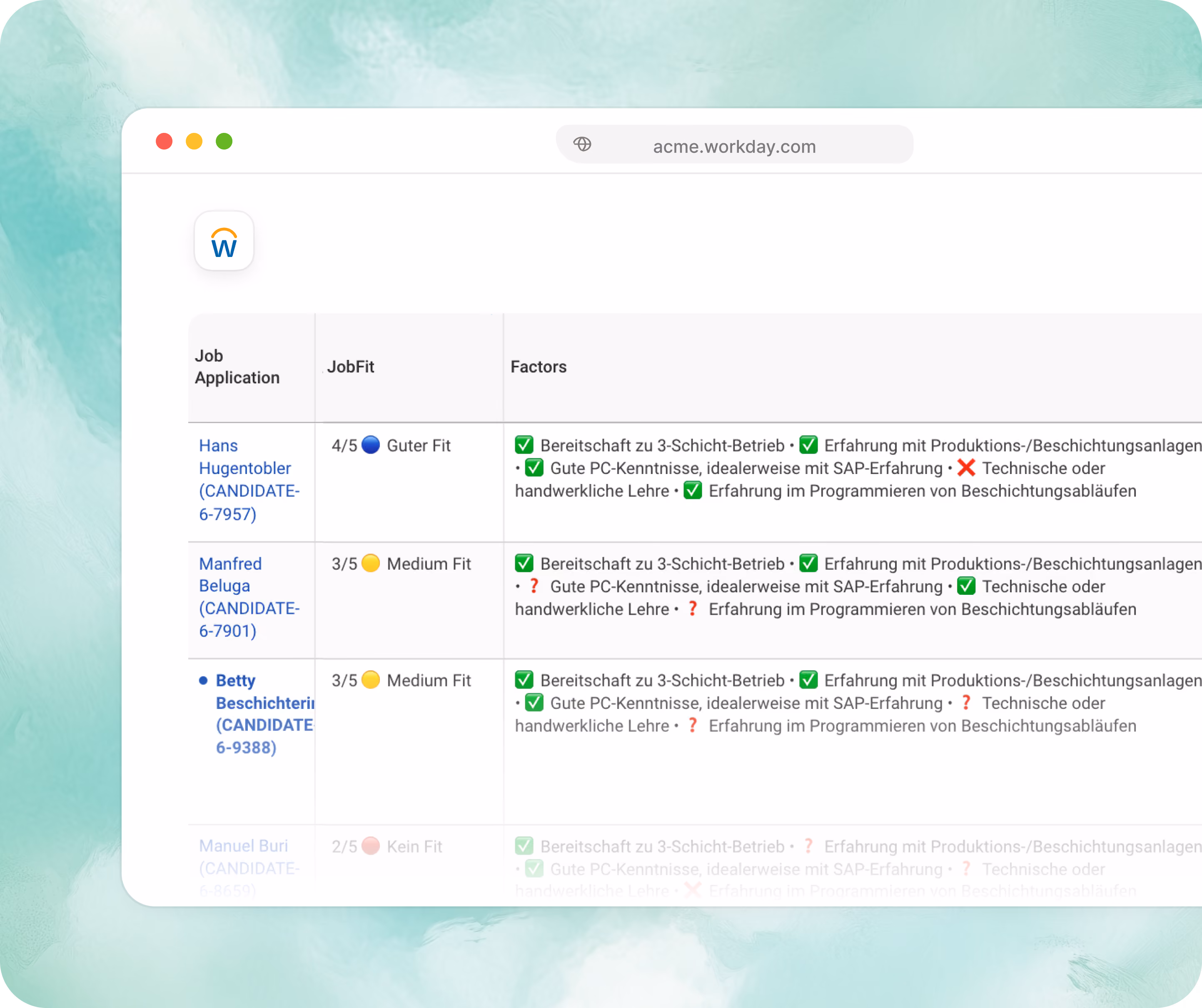 Workday-Bewerberübersicht zeigt Bewerber mit Bewertungen und Bewerbungsdetails auf einem Desktopbildschirm.