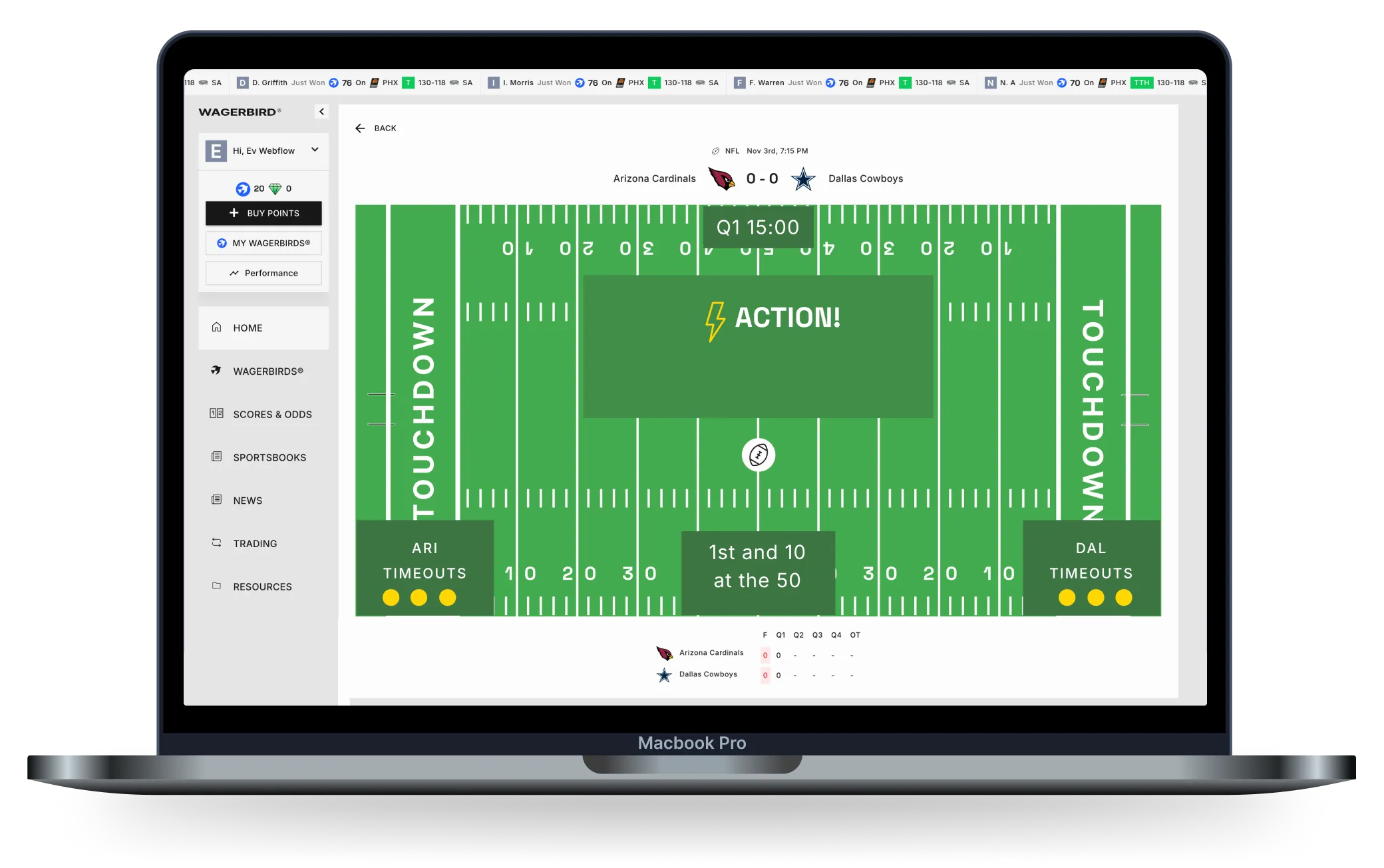 Interface of the Wagerbird platform