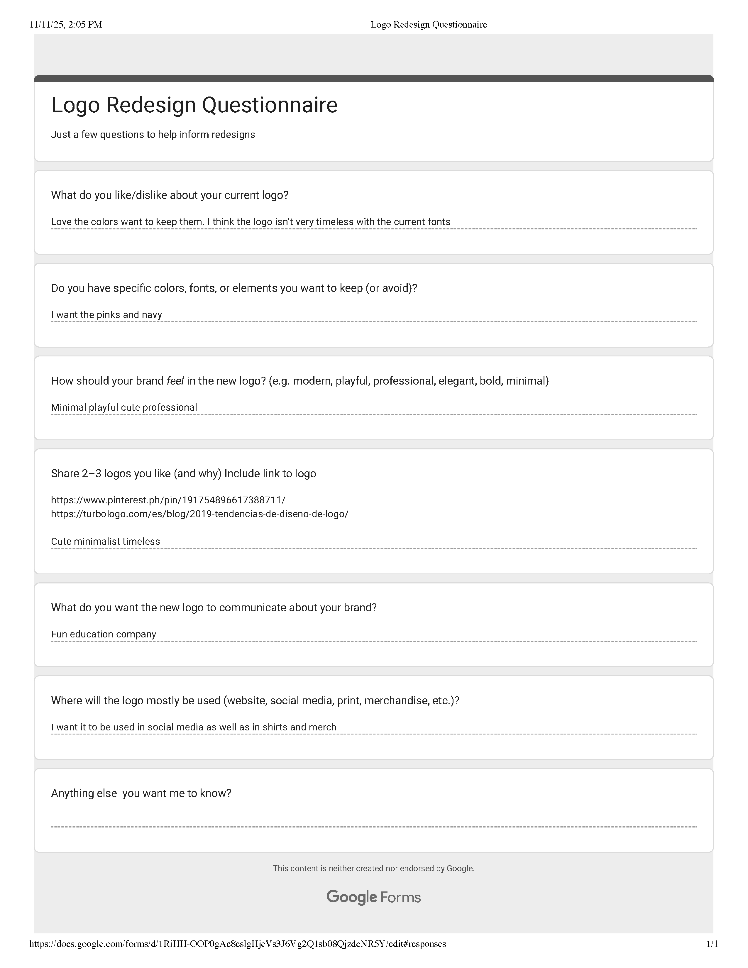 Logo redesign survey for Hello Edu showing client responses, used to inform design preferences and guide creative direction.
