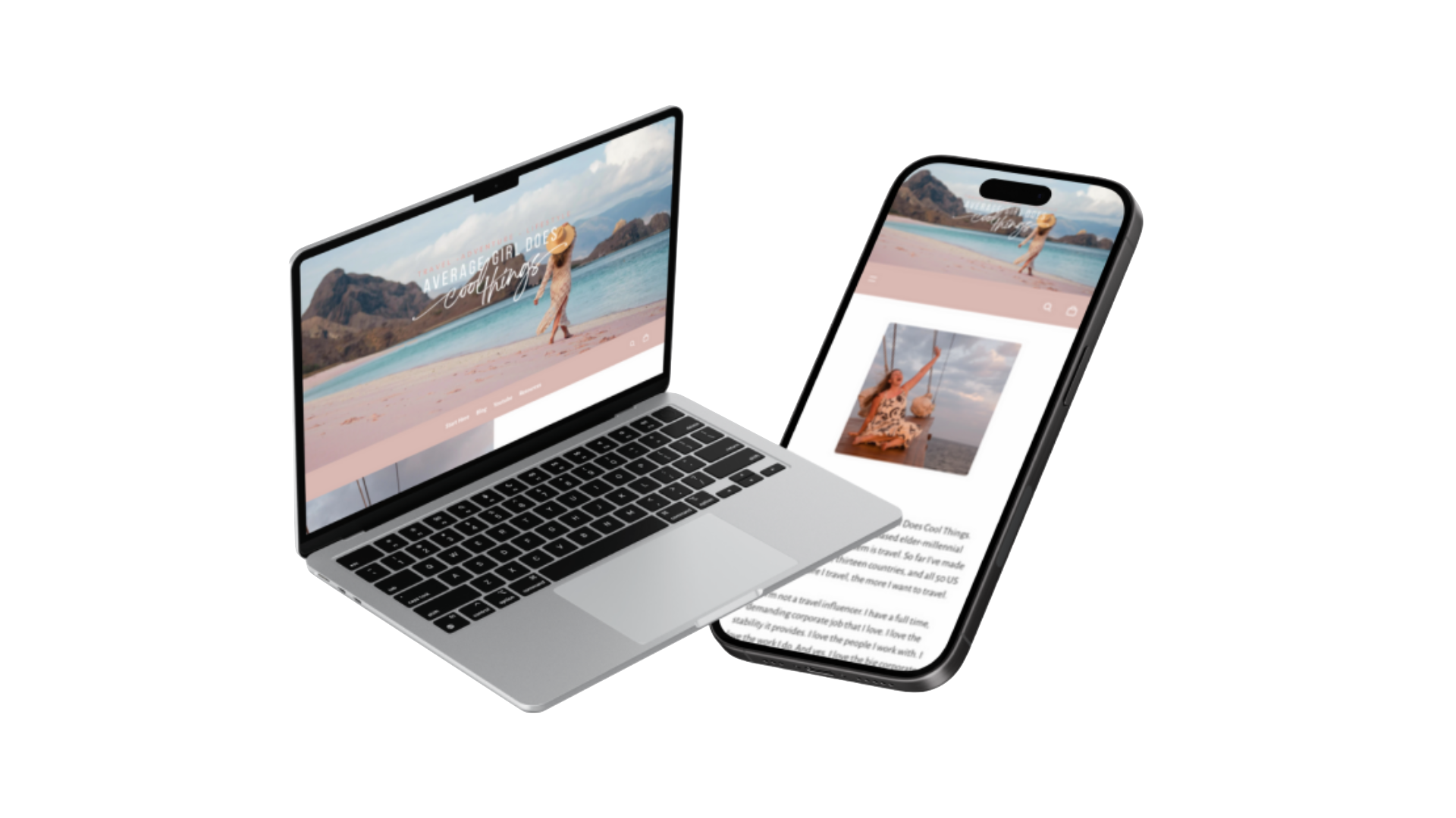 A responsive digital mockup displaying the travel creator's website on both a laptop and a mobile phone, emphasizing the clean layout and visual hierarchy across different screen sizes.