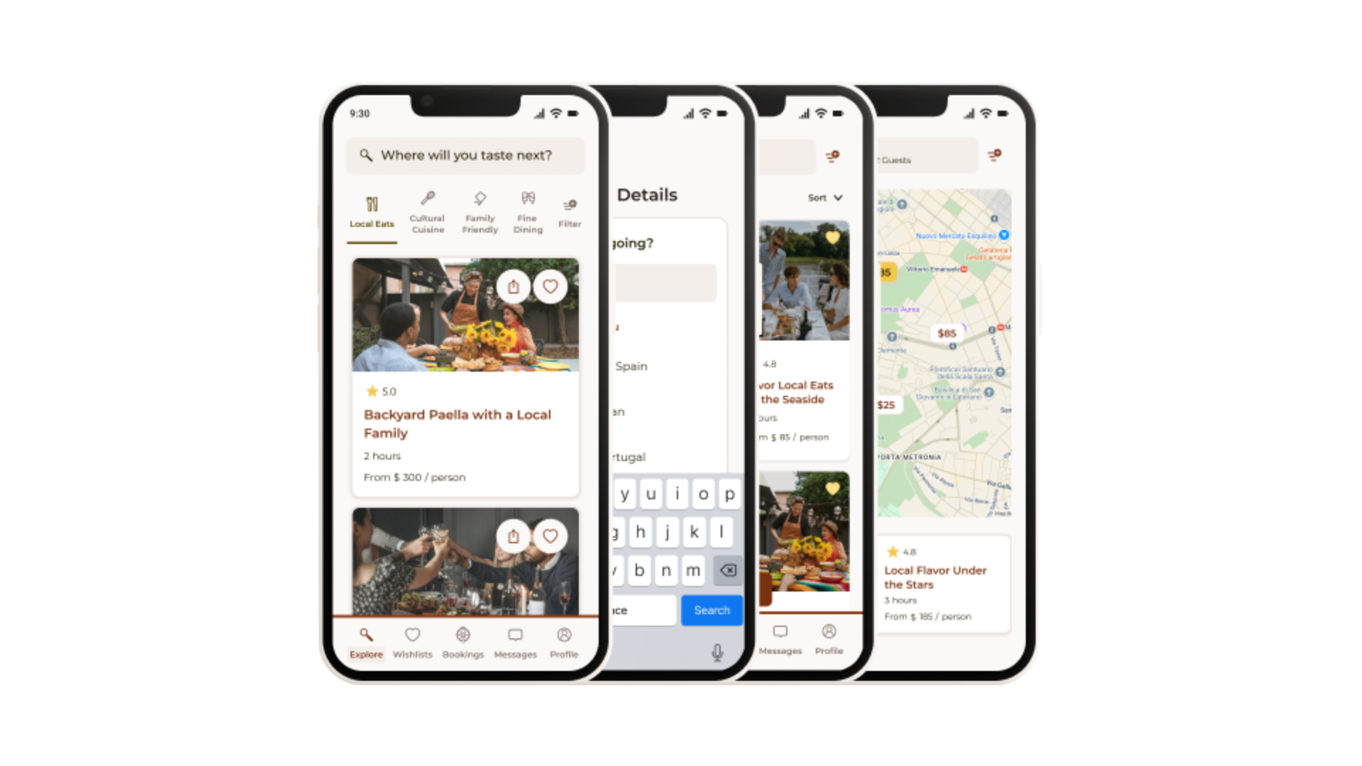 TasteVoyage mobile app mockups showing four screens, demonstrating cohesive visual language, typography, and color system across the app.