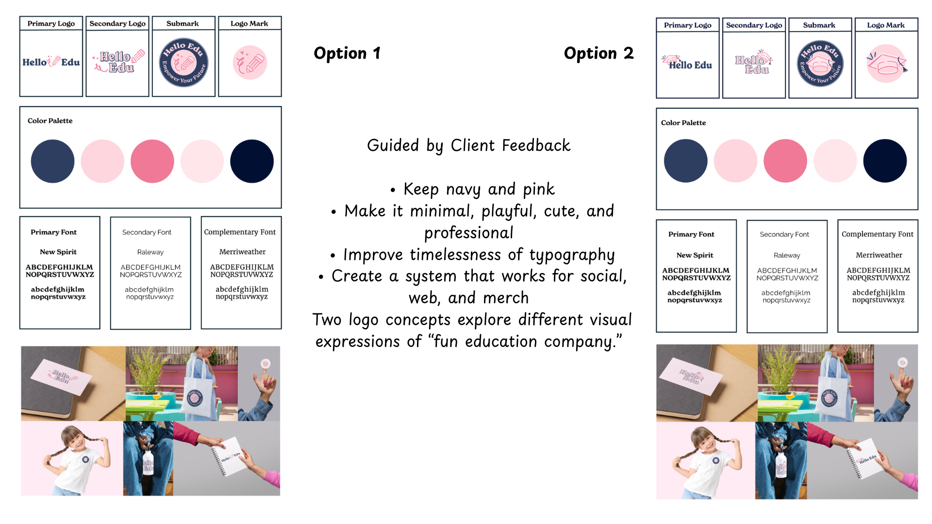 Two Hello Edu logo concepts displayed side by side, each with versions of the primary logo, secondary logo, submark, and icon. The designs use navy and pink accessible colors, updated typography, and explore different ways the icon integrates into the logo