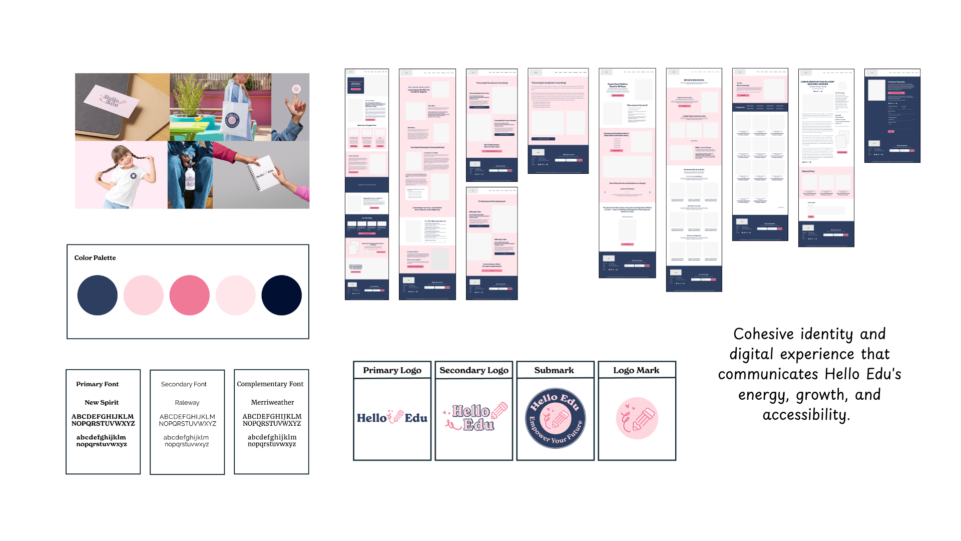 Final Hello Edu brand board showing logos, navy and pink palette, fonts, merchandise mockups, and website UI layout.