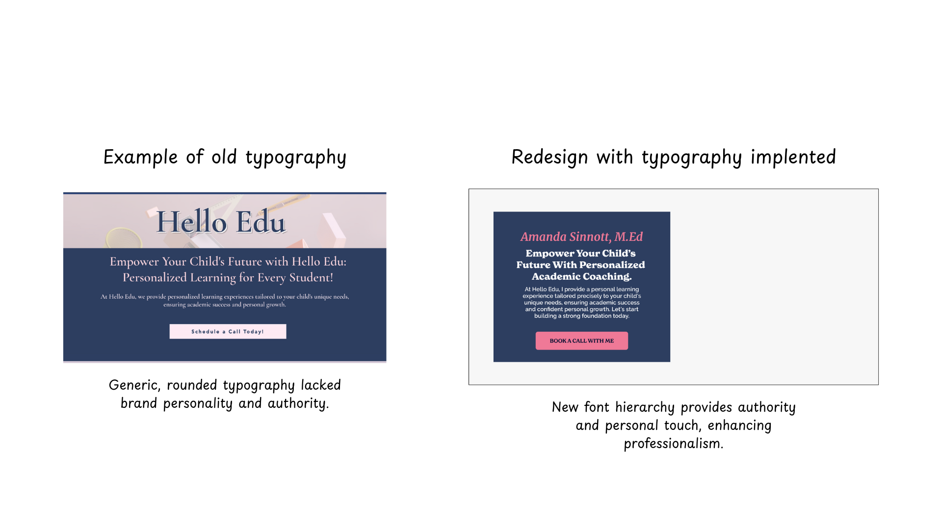 Comparison of the old, generic website typography against the new, professional typography implemented in the cover design.