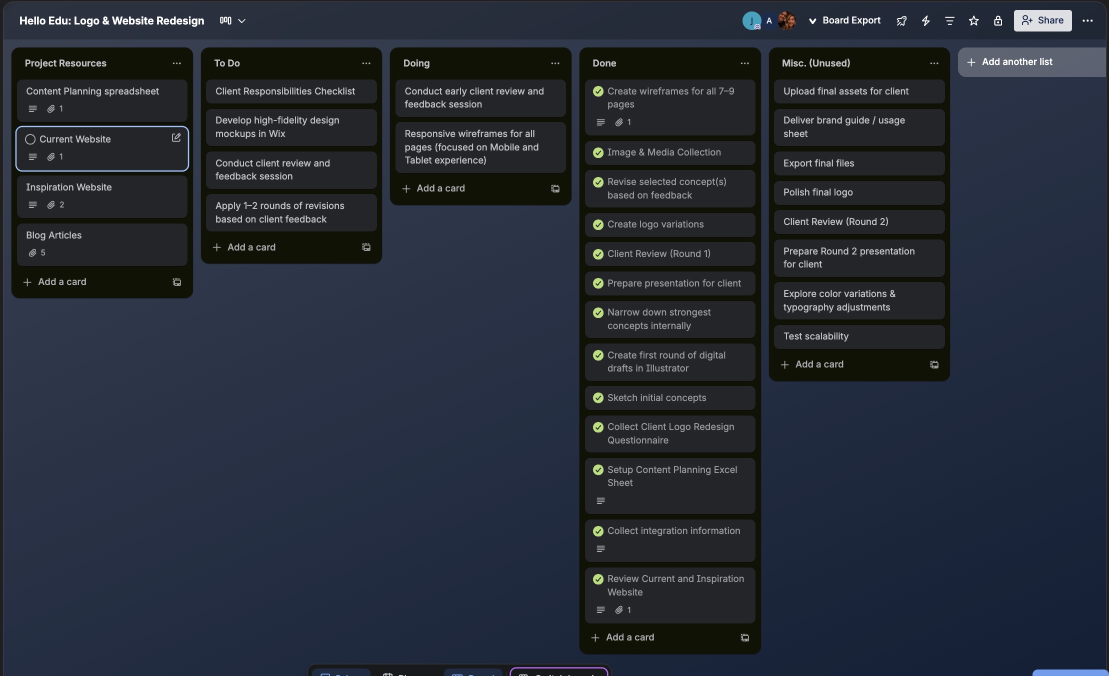 Trello board showing the Kanban workflow for the Hello Edu logo and website redesign project, organized into columns: Project Resources, To Do, Doing, Done, and Misc. (Unused).