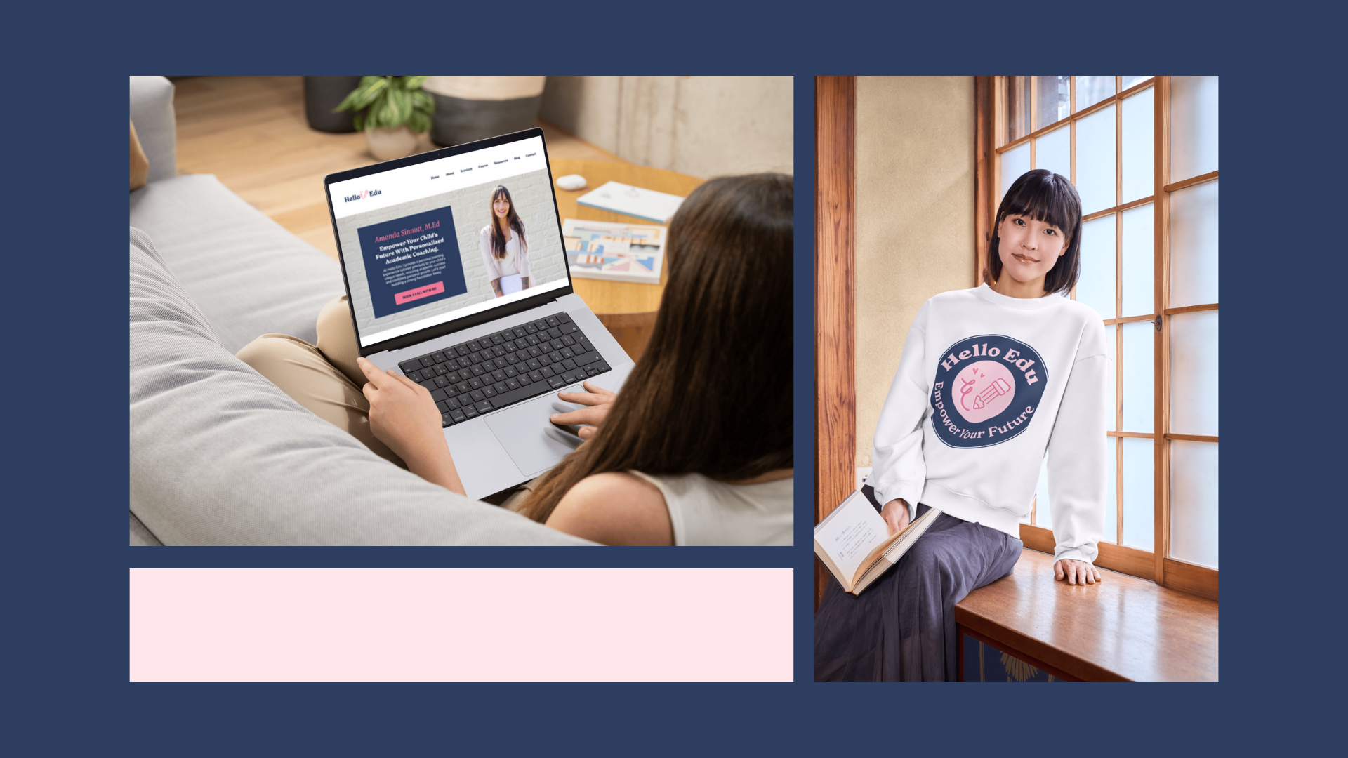 User on a couch viewing the Hello Edu education website redesign on a laptop, next to a model wearing a branded Hello Edu sweatshirt.