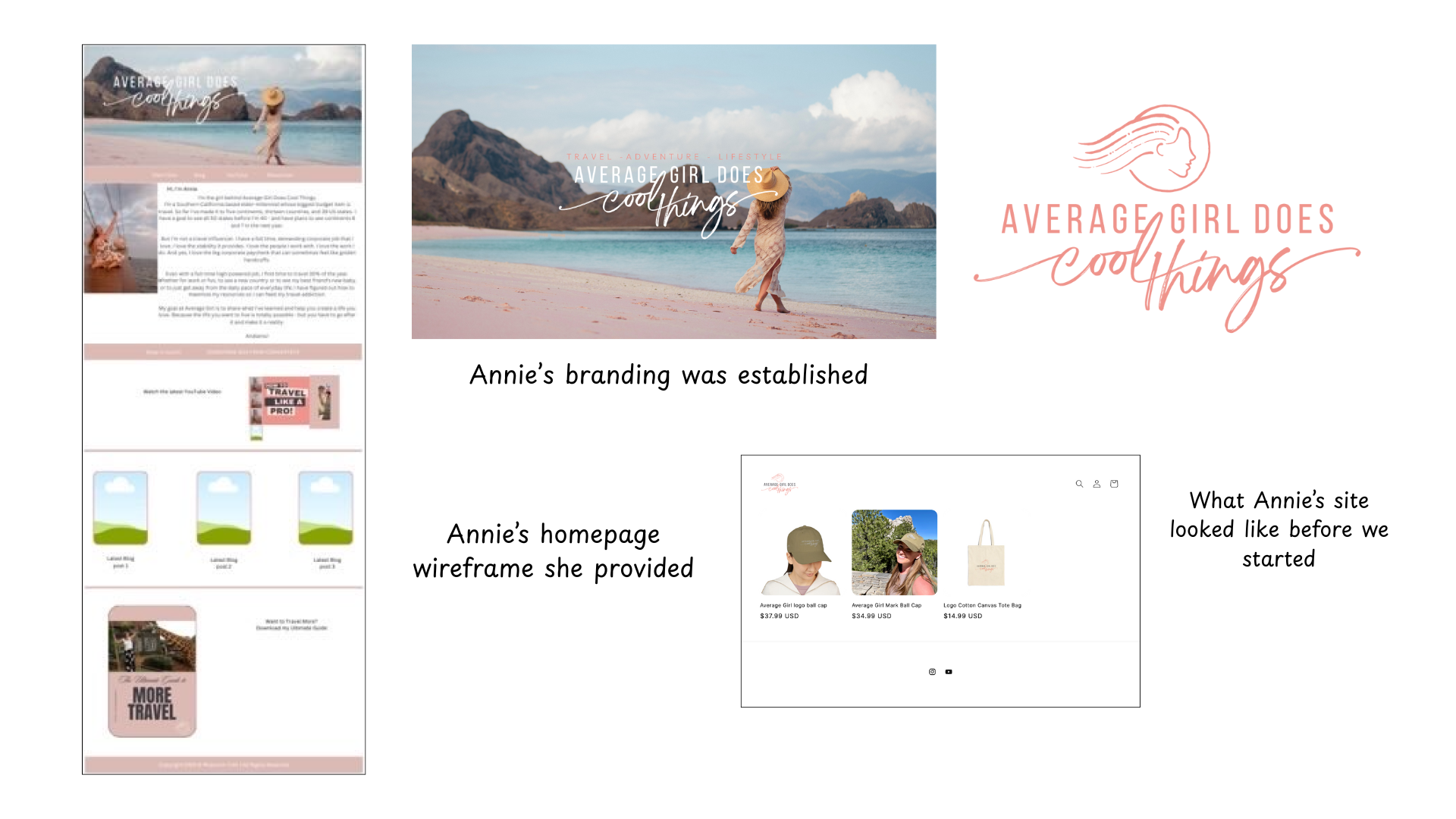 Initial branding and discovery phase for "Average Girl Does Cool Things," showing the established logo, brand photography, Annie's homepage wireframe, and a previous e-commerce product display.
