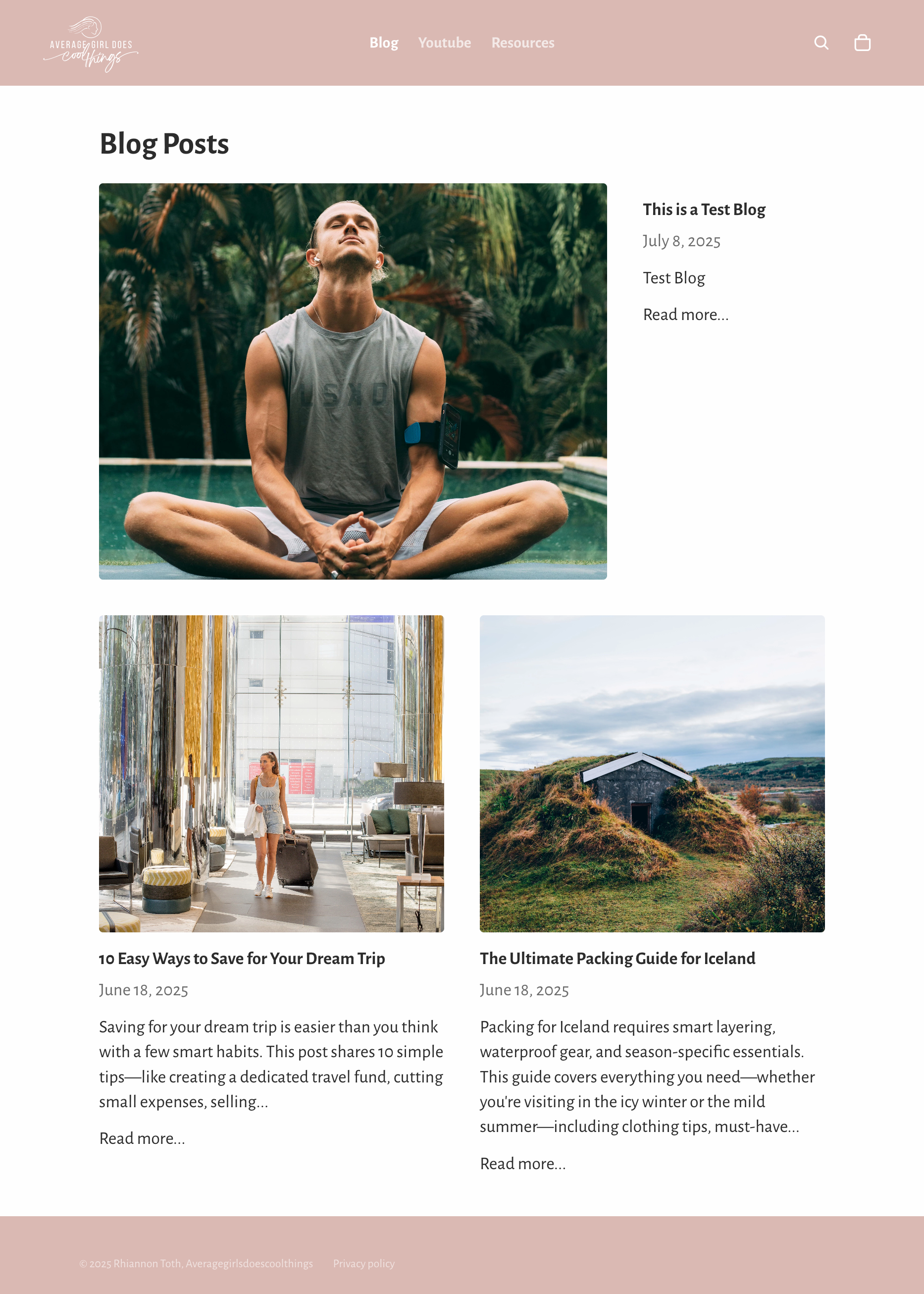 The Blog Posts index page of the "Average Girl Does Cool Things" website, demonstrating the refined application of the light pink and white color palette, logo, and travel imagery.