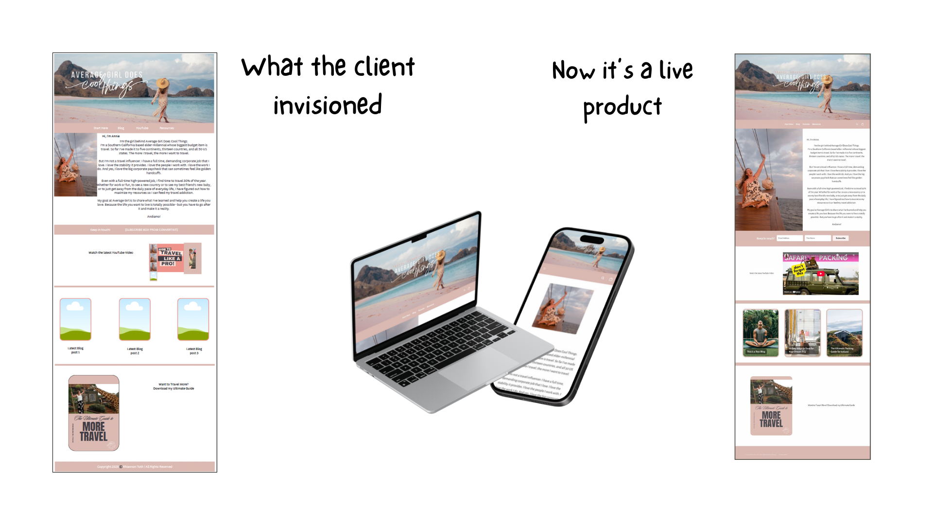 Side-by-side comparison of the Average Girl Does Cool Things homepage, showing the client's initial design vision versus the final live product design displayed on a laptop and mobile phone mockup.