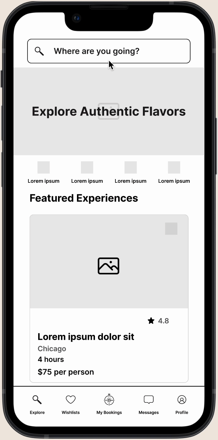 Animated GIF showing the interactive flow of the lo-fidelity mobile wireframe for TaseVoyage, demonstrating a user tapping the prominent search bar from the main Explore screen.